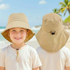 Outdoor Kids Sun Hat - Suitable for 3- Children Fisherman Hat - with Windproof Rope, with Drawstring Adjustable Closure, with Ponytail Hole Suitable for Girls Ponytail Friendly, Nylon Material, Suitable for Various Occasions - Camping