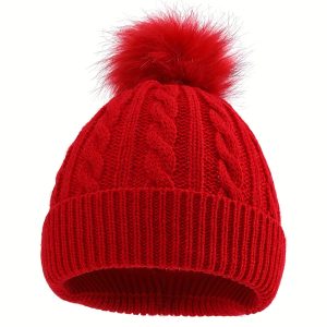 Natural Twist Knit Beanie for Kids with Pom-Pom, Warm Hat for 0-3 Year Olds, Baby's Outdoor Knitted Hat, Chunky Knit Beanie, Unisex for Boys and Girls, Cute Daily Casual Wear, Autumnu002FWinter Outdoor Warmth