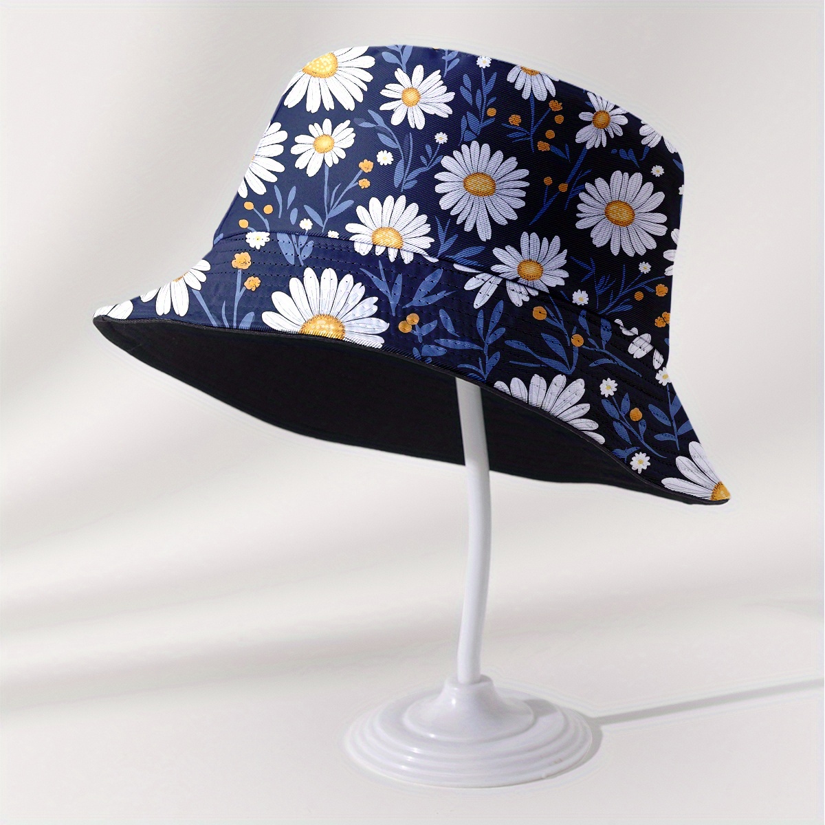 One Double-sided Reversible Bucket Hat with All-over Print Featuring White Daisies, Yellow Polka Dots, and a Blue Background. This Stylish Fishing Hat Is Suitable for Both Men and Women in Summer, Making It a Perfect Choice for Beach Outings - Image 6