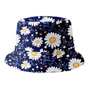 One Double-sided Reversible Bucket Hat with All-over Print Featuring White Daisies, Yellow Polka Dots, and a Blue Background. This Stylish Fishing Hat Is Suitable for Both Men and Women in Summer, Making It a Perfect Choice for Beach Outings