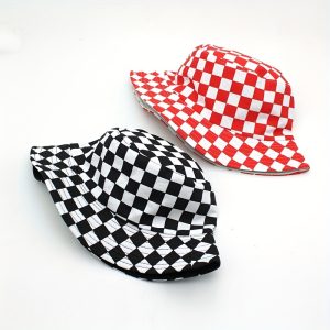 Spring And Summer Fisherman Hat Versatile Black And White Plaid Print Double-Sided Fisherman Hat Men And Women Outdoor Casual Bucket Hat