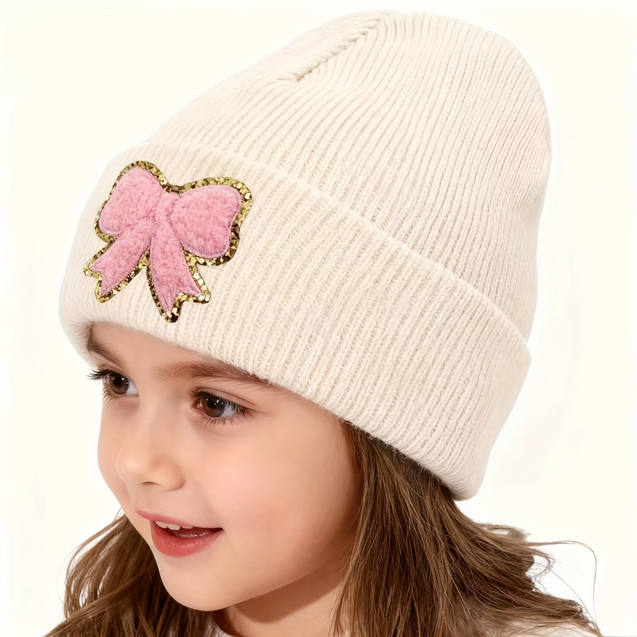 1pc Girls’ Bow Glitter Embroidered Knitted Hat, Versatile Fashion Beanie, Lightweight Soft Breathable Cold-Proof and Warm Knitted Cap, Suitable for Daily Warmth, Outdoor Outings, and Trendy Styling, Ideal as a Birthday or Holiday Gift
