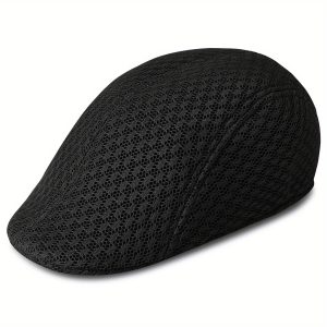 Men's Summer Mesh Flat Caps, Breathable Duckbill Newsboy Beret Hats with Elastic Band, Sun Protection Cabbie Hat for Golf Driving