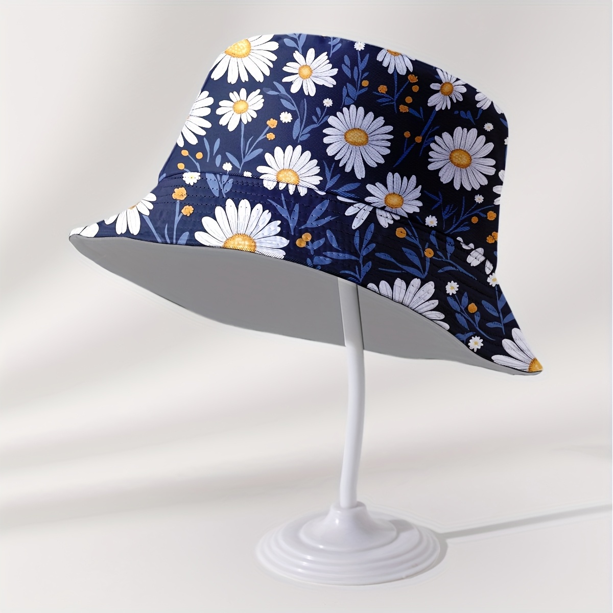 One Double-sided Reversible Bucket Hat with All-over Print Featuring White Daisies, Yellow Polka Dots, and a Blue Background. This Stylish Fishing Hat Is Suitable for Both Men and Women in Summer, Making It a Perfect Choice for Beach Outings - Image 4