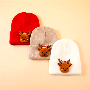 1pcu002F3pcs 0-3 Years Old Red Christmas Cute Christmas Reindeer Knitted Beanie Hat Soft And Comfortable Skin-Friendly Breathable Lightweight Autumn And Winter Unisex Wear Outdoor Warm Sturdy And Durable Christmas Gift New Year Gift