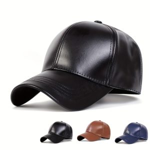 1pc Men'S Faux Leather Baseball Cap Outdoor Adjustable Fashion Casual Hat Suitable for Autumn Winter Travel Seaside Party
